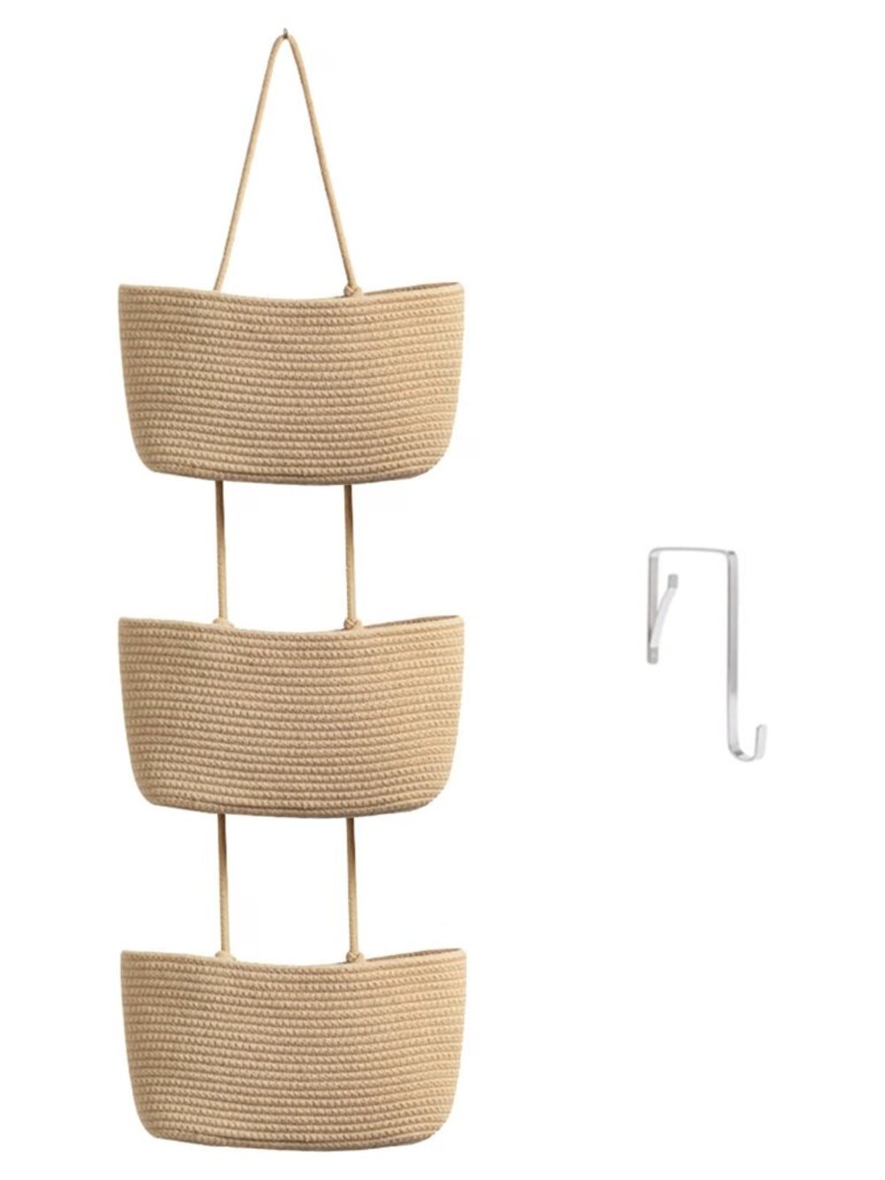 3 Tier Over the Door Hanging Storage Basket Woven Cotton Organizer